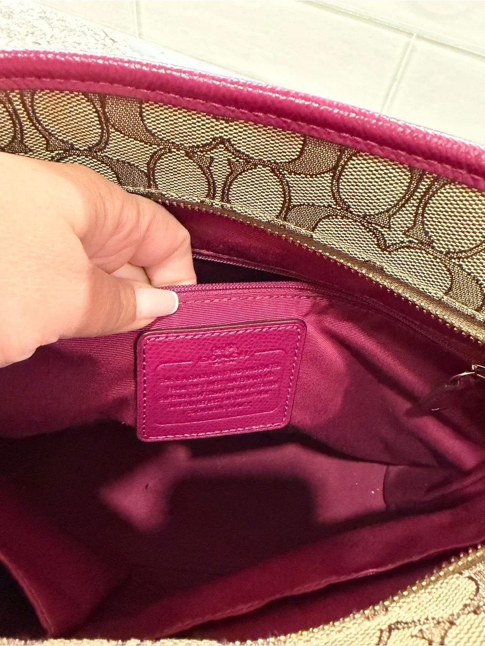 Coach Khaki Signature Canvas Tote with Berry Trim